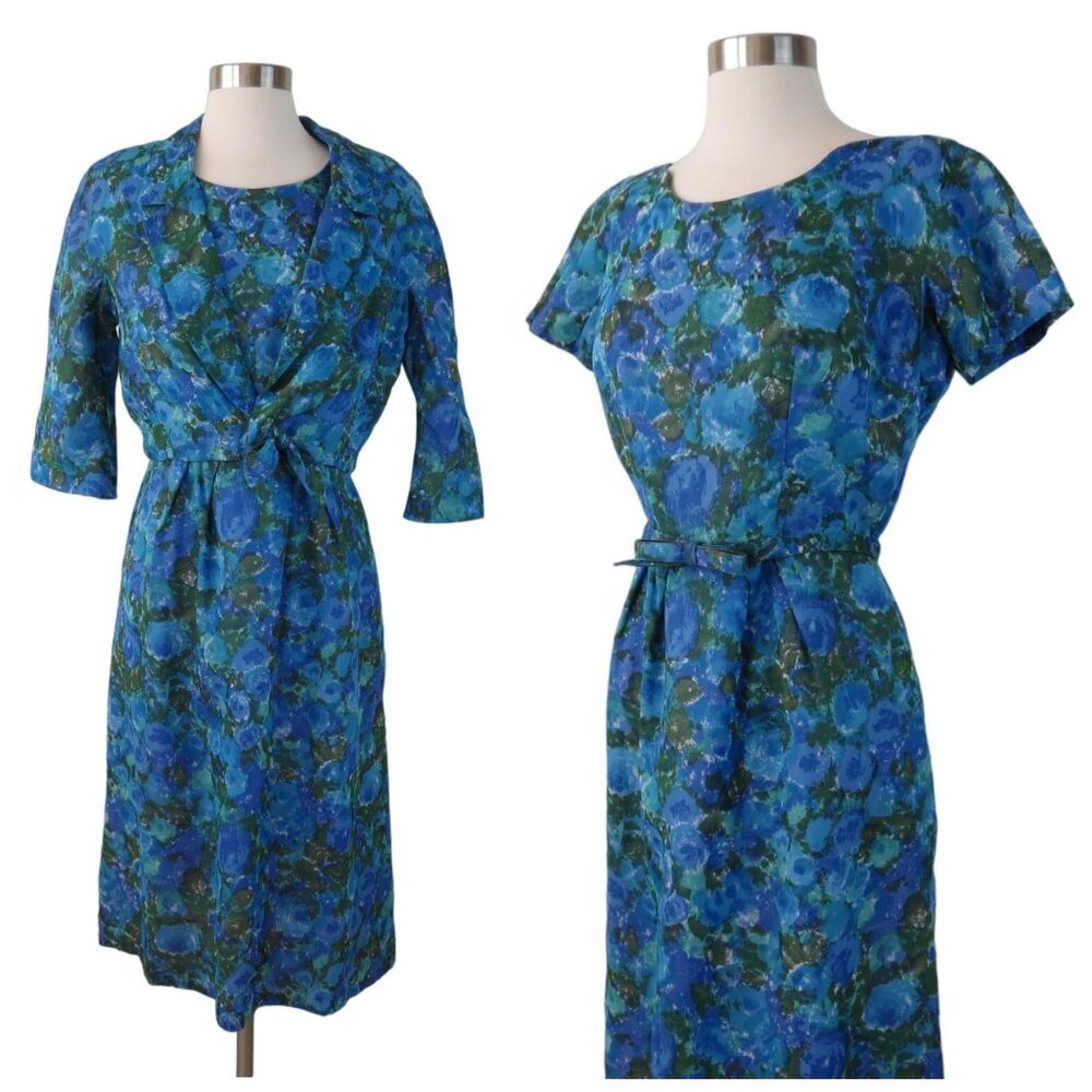 Vintage 50s Women's Blue Floral Bow Dress Suit by WOLF COHN Sheath & Jacket